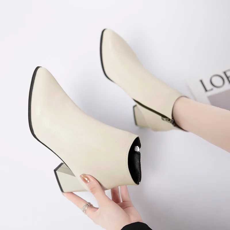 

Women's Pointed-toe Leather Ankle Boots Women's Thick High Zipper Square Heel Fashion Short Boots Short Tube Martin Boots