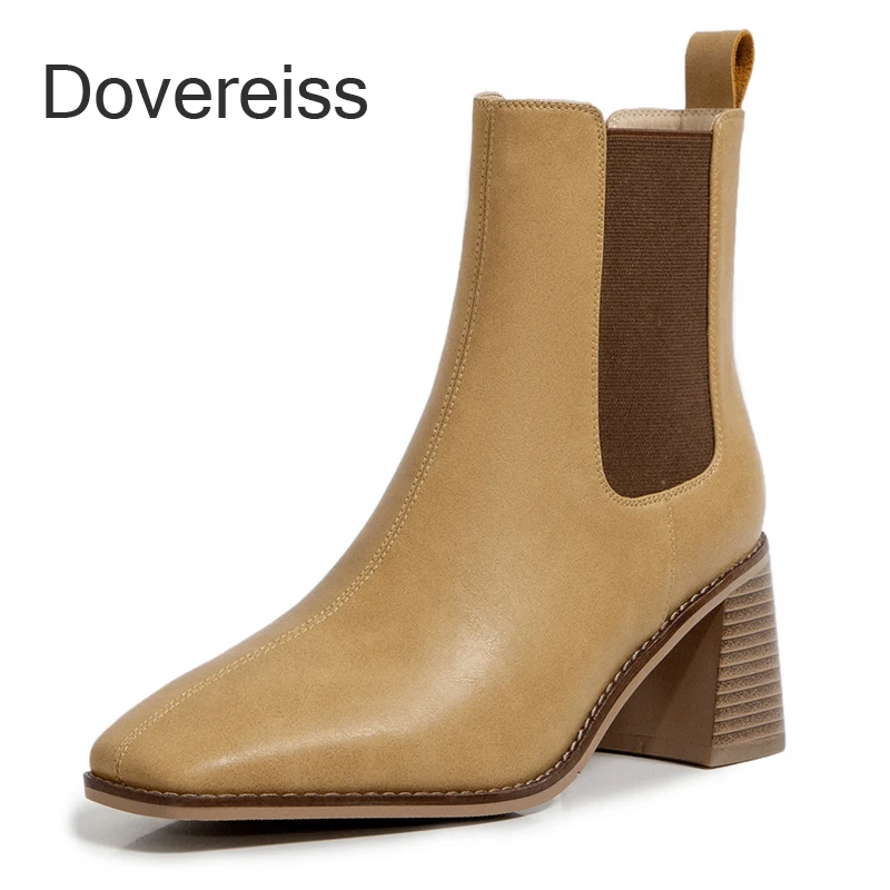 

Dovereiss Fashion Women's Shoes Winter Elegant Concise Square Toe Pure Color Yellow Block Heels Short Boots Square Toe 33 40