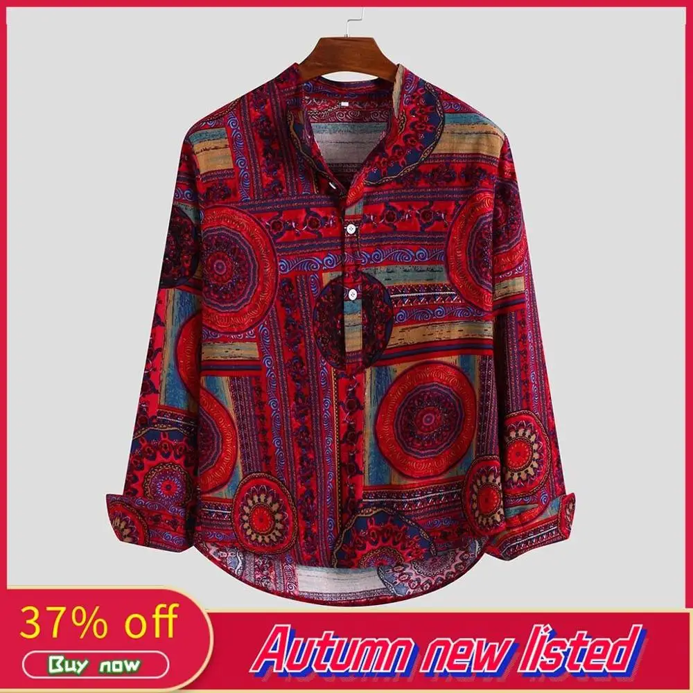 2019 Мужская рубашка в винтажном стиле с этническим принтом свободный Удобный