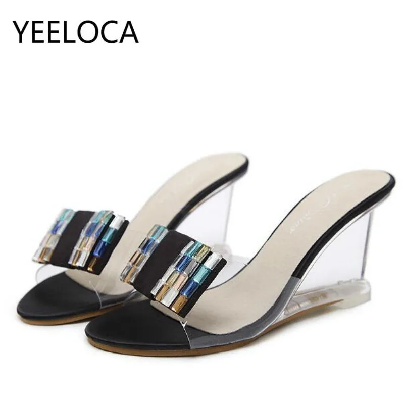 

Female Slippers Womens Shoes Slides Ultra-high-heeled 8.5cm Flower Wedges Crystal Transparent Wedding sandals size 34-43