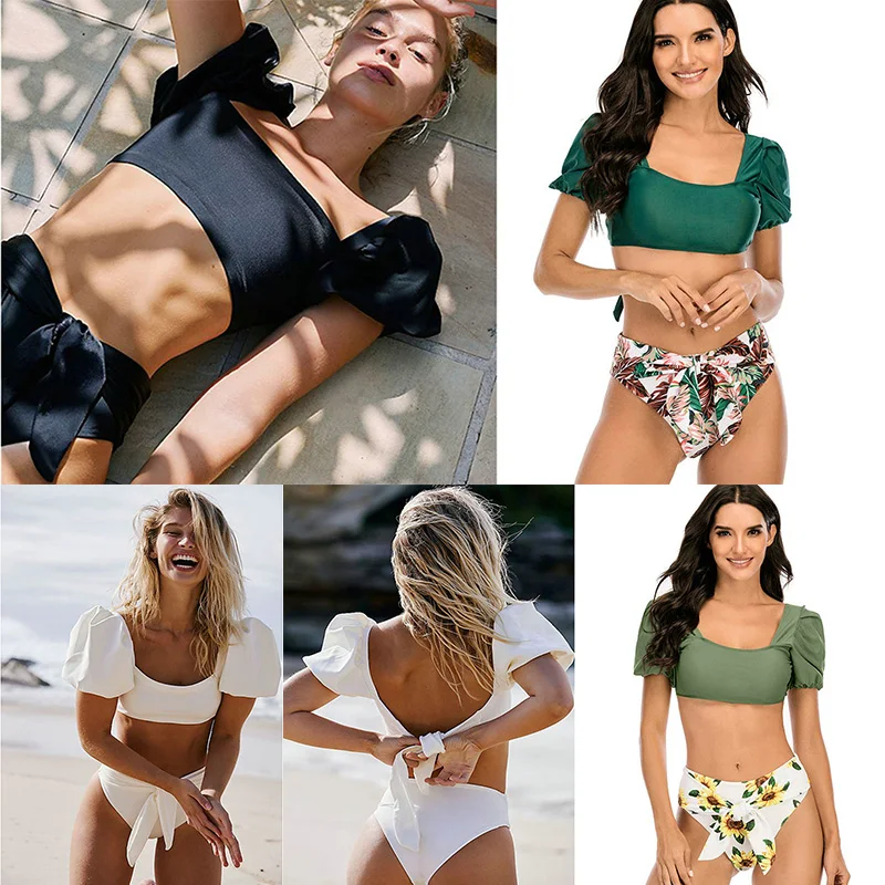 

High Waist Swimsuit Triangle Bikini Women Bathing Suit 2020 Solid Swimwear Bandage 2 Pieces Swim Suit Backless Bikini Biquini