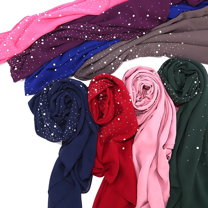 

Fashion Women Solid Chiffon Headscarf Plain Diamond Beads Pearls Shawls Solid Color Islamic Muslim Wrap Head Scarves Hijabs