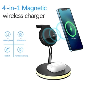 4 in 1 wireless charger for iphone 12 charger holder for apple watch earphone charger dock magnetic charging stand with led lamp free global shipping