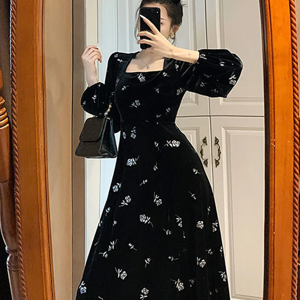 

Korean Spring Autumn Long Sleeve Dress Plus Size 4XL Vintage Floral Dress Women French Elegant Evening Female Black Party Dress