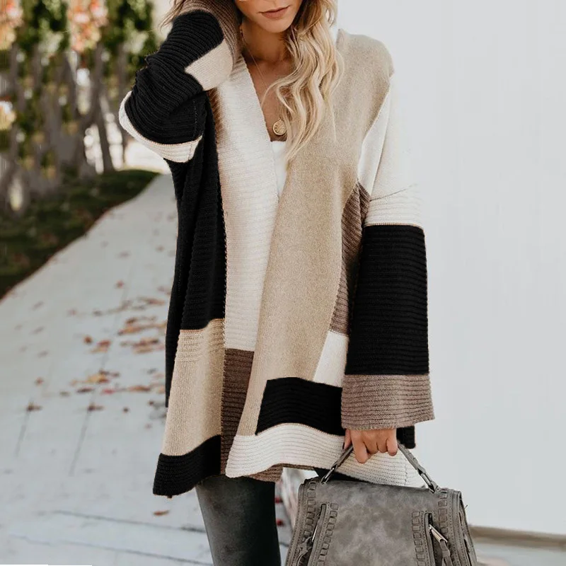 

ALSYIQI Womens Color Block Cardigan Open Front Sweaters Loose Knit Casual Coat