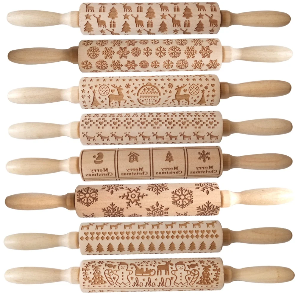 

Elk Wooden Rolling Embossing Christmas Rolling Pins Rock Snowflake Baking Cookies Biscuit Fondant Cake Patterned Roller