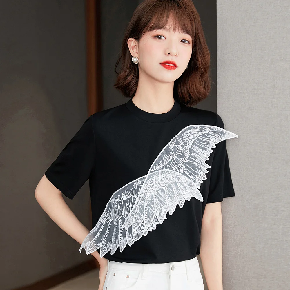 

2021 Temperament Korean Fashion Summer Designer Lace Women's T-Shirt Loose Casual Solid Color Round Neck Hot Sale