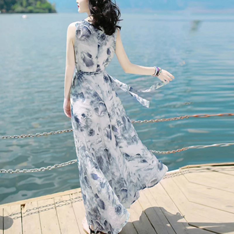 Летнее богемное платье 2020 женское модное пляжное длинное без рукавов с принтом