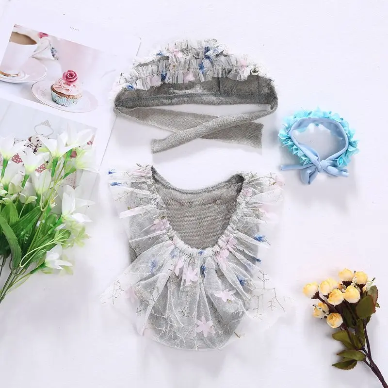 

4Pcs Newborn Photography Props Suit Lace Romper Hat Pillow Headband Set Outfits