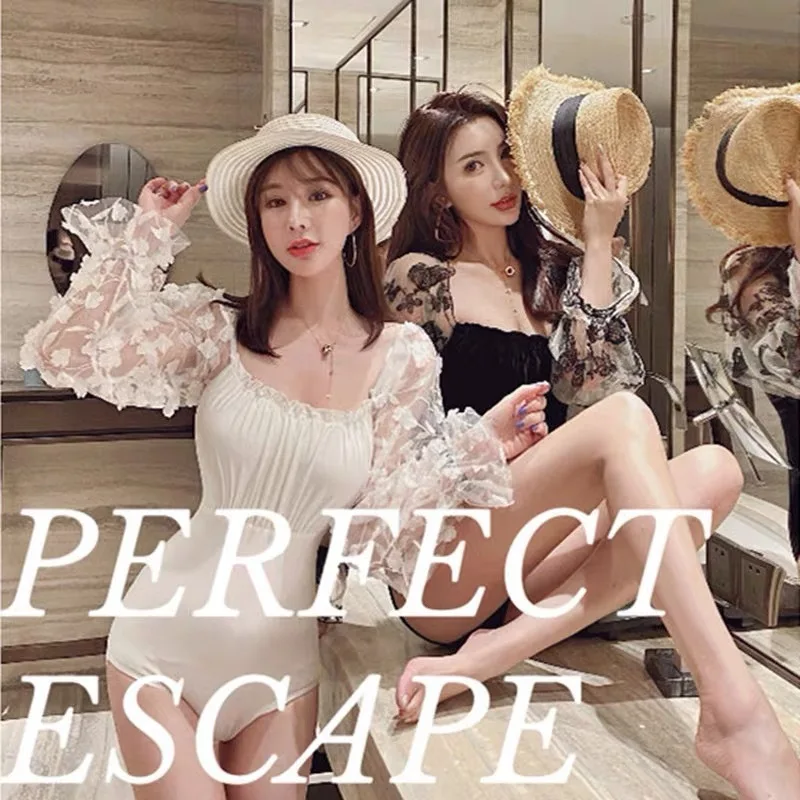 

Korean One Piece Monokini Push Up Swimsuit Suit Ins Women Mesh Long Sleeve Velvet Bandage Hot Bathing Animal Polyester Sierra