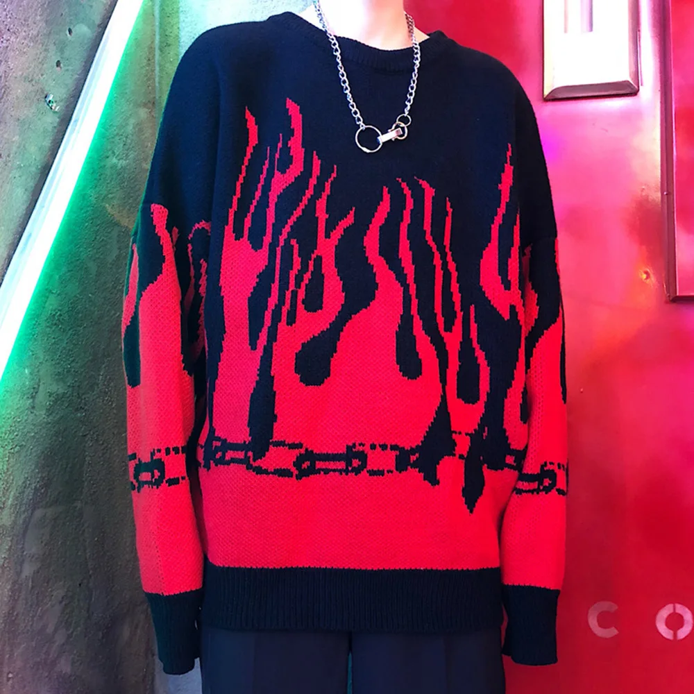 Женский вязаный свитер с принтом пламени пуловер в готическом стиле Свободный
