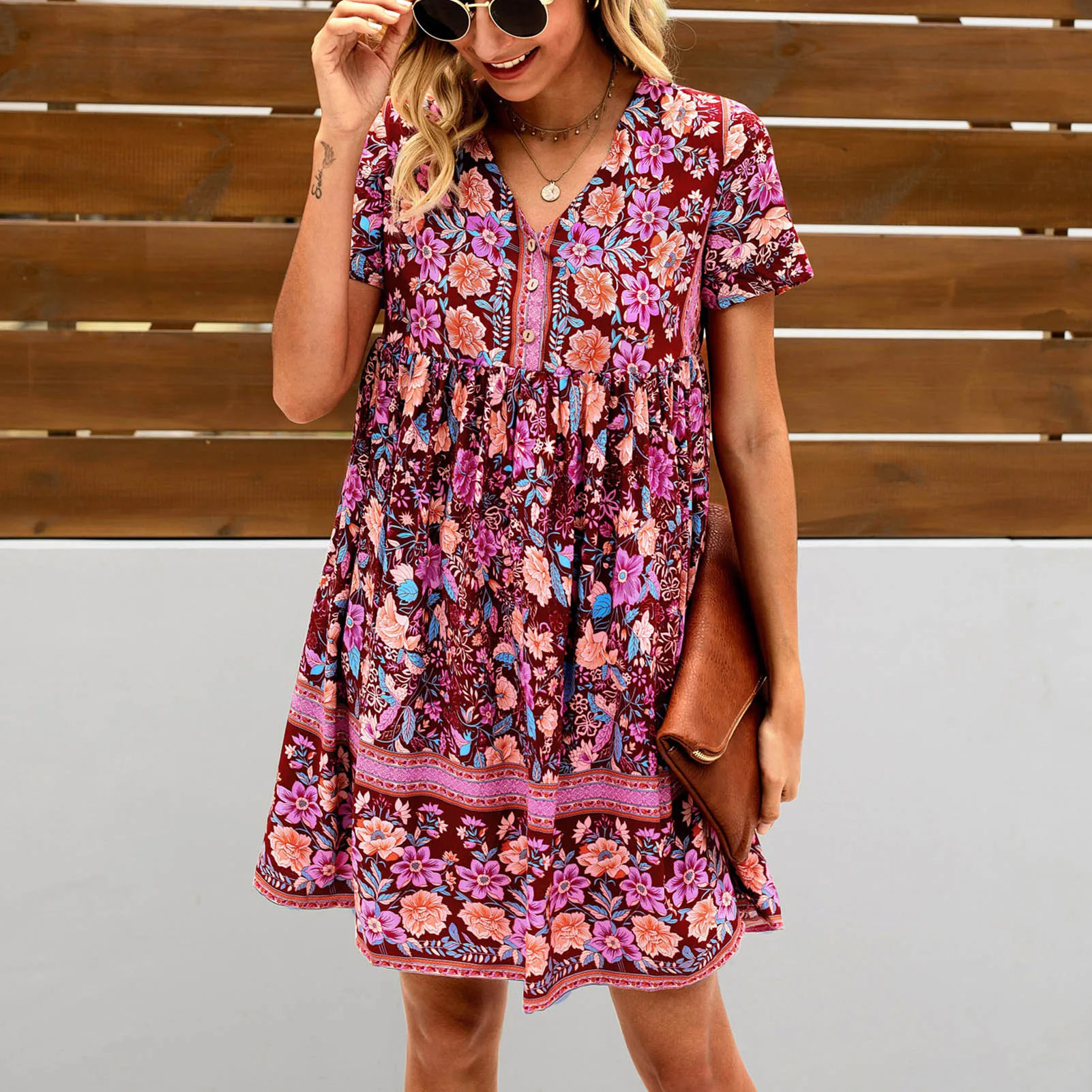 

lady sexy Long Dress ruffle Stacked deep V-collar bohemian print mini Dress short sleeve Summer leisure vacation woman dress