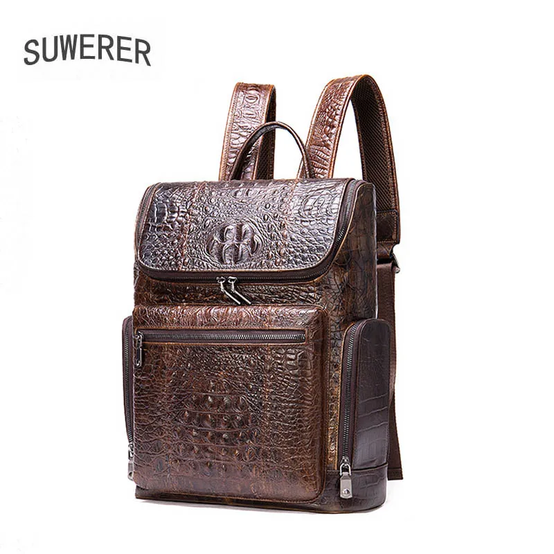 SUWERER New Genuine Leather Crocodile pattern men's casual backpack leather travel Dual-use business bag | Багаж и сумки