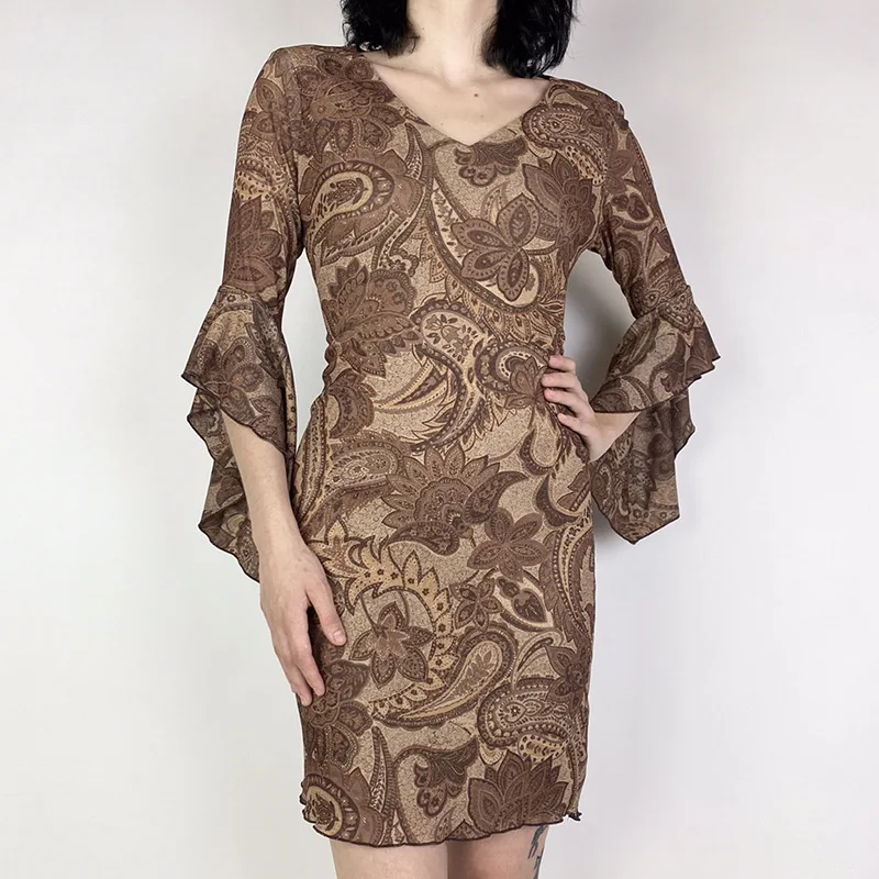 

Женское кружевное Асимметричное Платье с принтом кешью, облегающее платье с V-образным вырезом и Расклешенным рукавом, новинка 2021