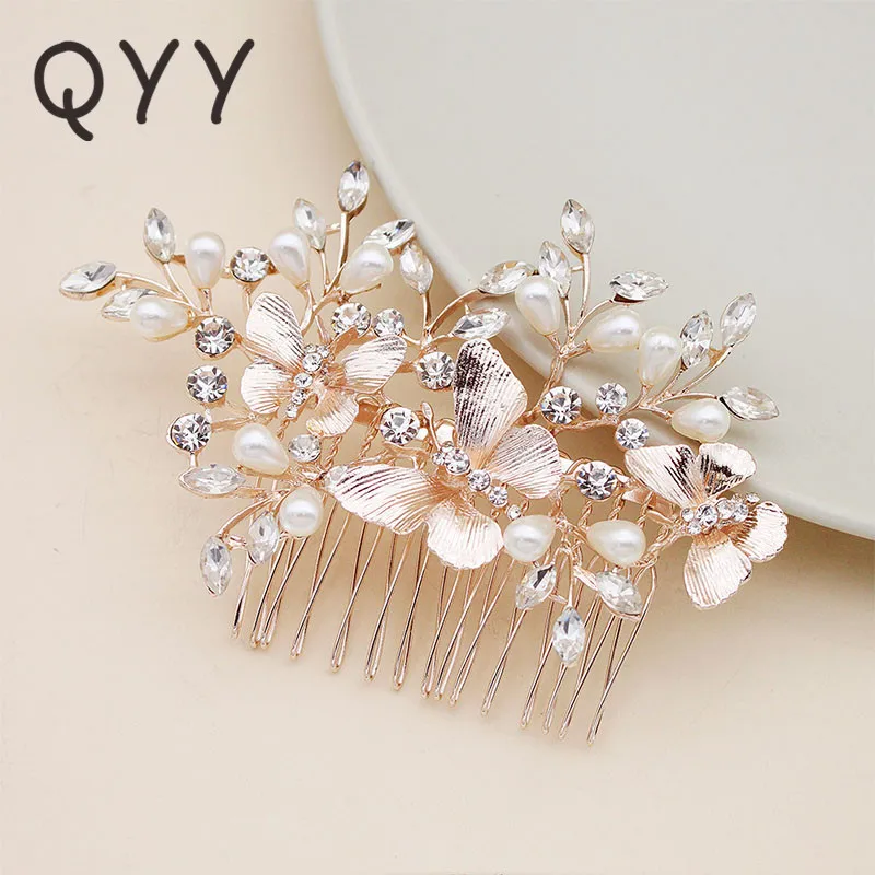 

QYY Classic Butterfly Hair Combs Wedding Hair Ornaments Jewelry Rose Gold Color Hair Accessories Bridal Hair Clips Headpieces