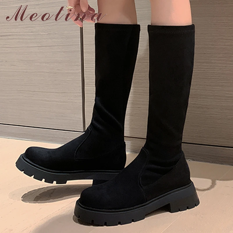 

Meotina Women Shoes Riding Boots Platform Thick Med Heel Knee High Boots Round Toe Ladies Footwear Autumn Winter 34-43 Black New