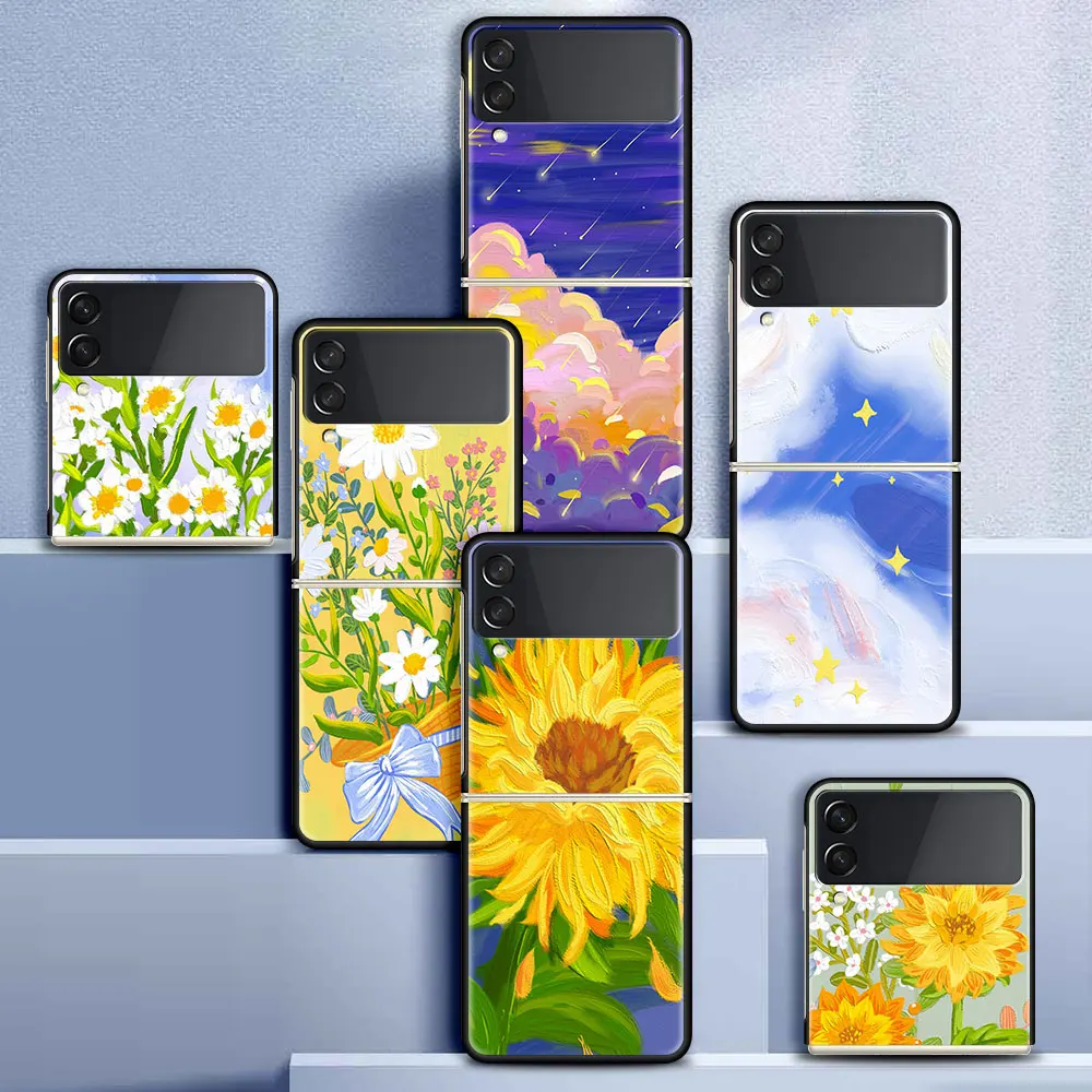 

Fold Case for Samsung Z Flip 3 Shell for Galaxy Z Flip3 Hard Capa For ZFlip 3 Silicone Phone Cover Art Flower Sunflower Daisy
