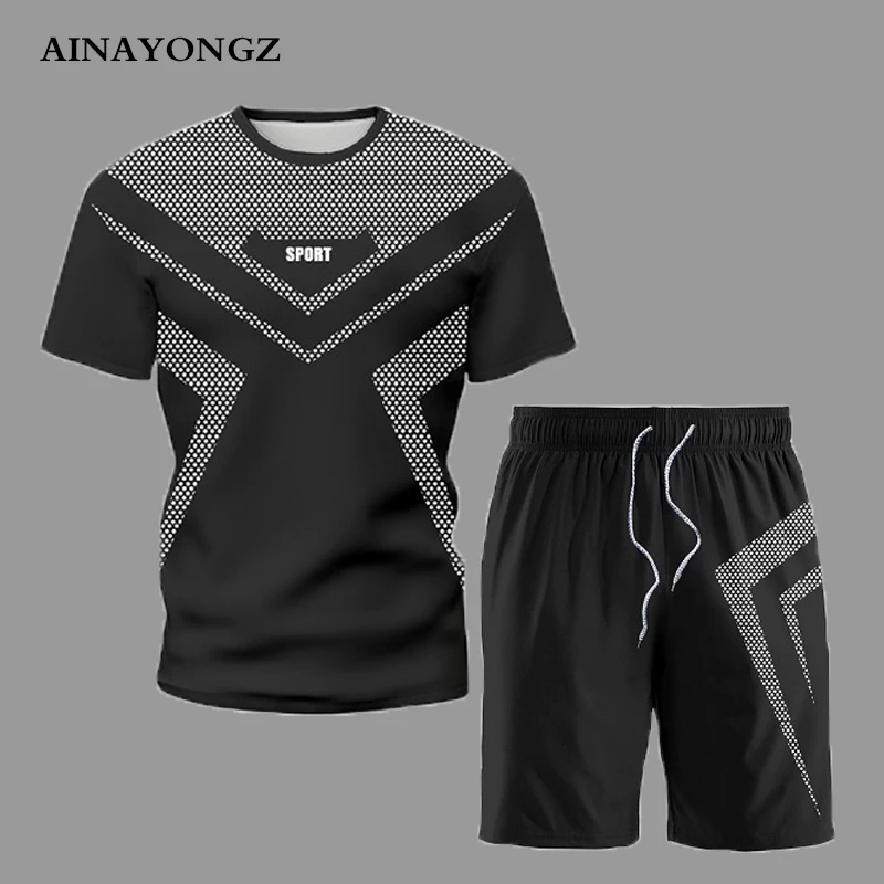Summer Super Cool Men Short Sets Classic Black Harajuku Tracksuit Suits Motion Elements Print Male T-Shirt and Shorts Outfits