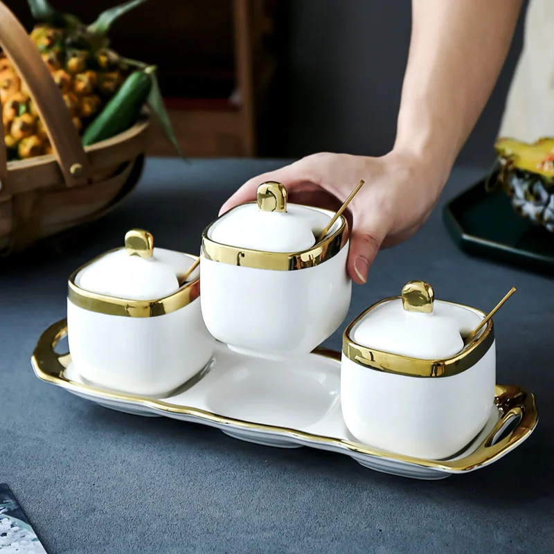 Европейский роскошный керамический сахарник с белым золотым краем банки для