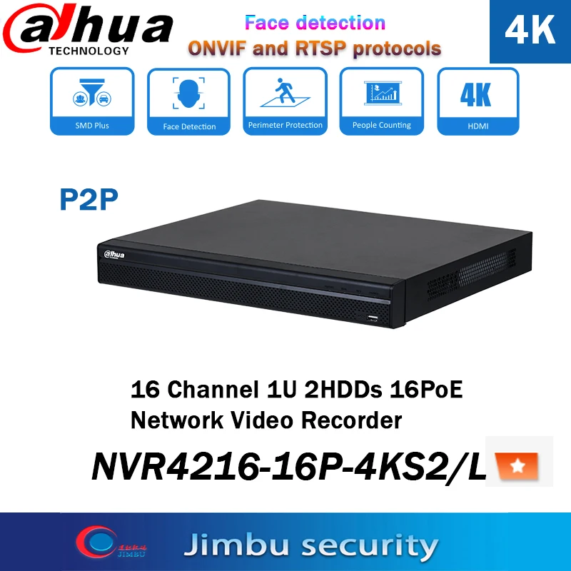 

Dahua Network 16 Channel PoE Ports IP video access NVR Video Recorder NVR4216-16P-4KS2 4K H.265 1U Lite Up to 8MP Resolution