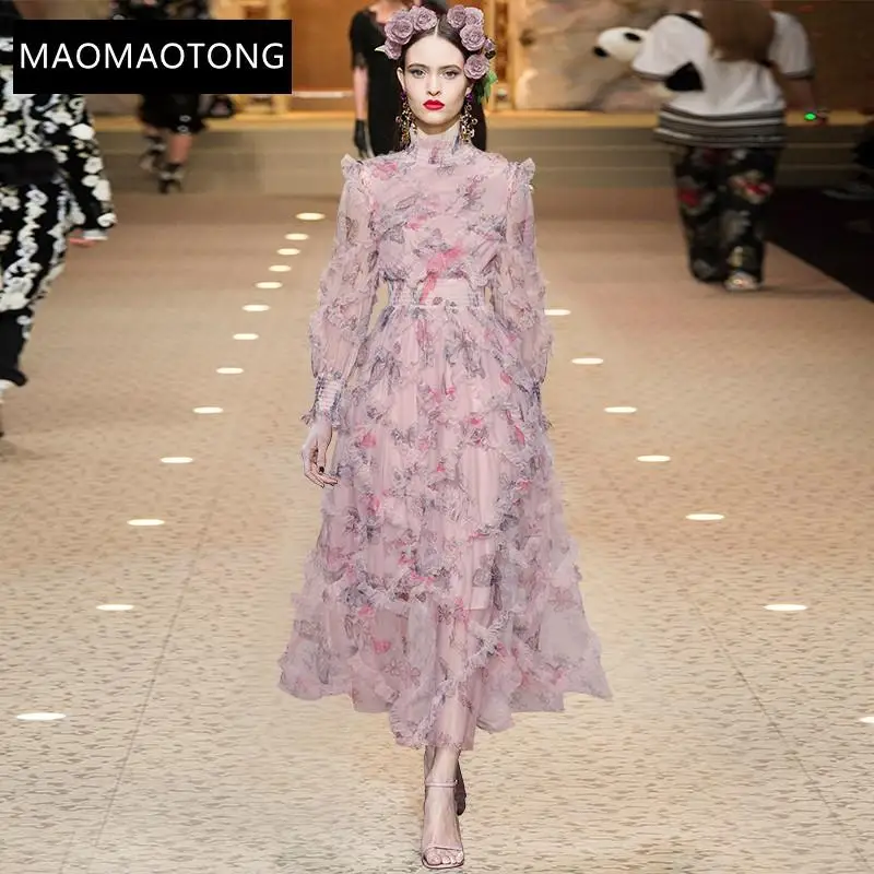 

Fashion Designer Autumn Pink Mesh Dress Women's Stand collar Lantern sleeve Floral print Long Vacation Dress