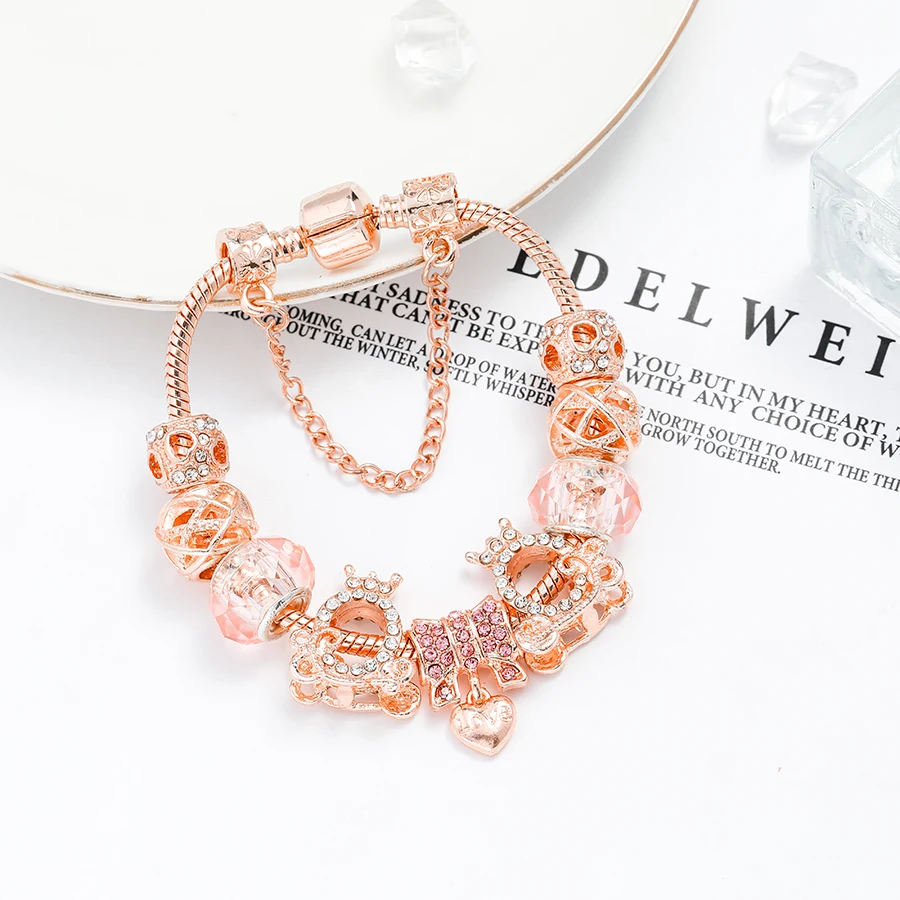 

Seialoy Fashion Rose Gold Crown Carriage Charm Bracelets For Women Original Pink Crystal Beaded Bracelet Girls New Jewelry Gift