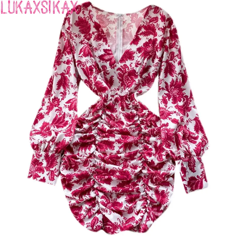 

LUKAXSIKAX 2021 New Spring Autumn Women Sexy Deep V-Neck Long Sleeve Slim Mini Dress Sweet Floral Folds Hem Vacation Dress