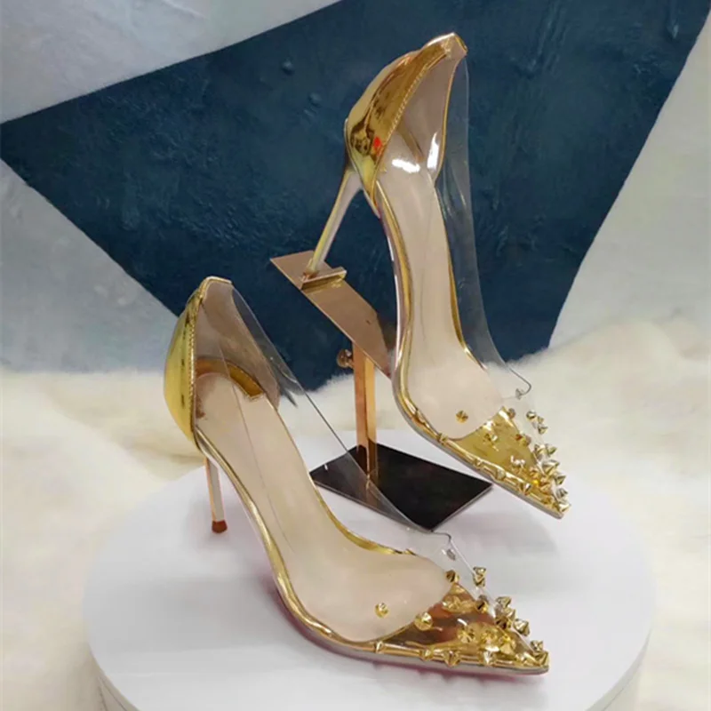 

Free shipping fashion women pumps gold patent leather pvc clear studded spikes pointy toe stiletto heels women high heels