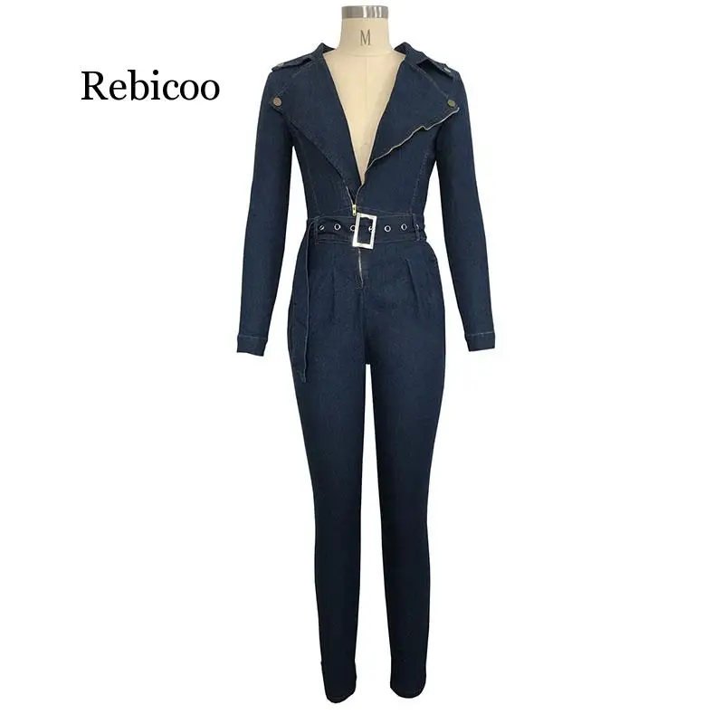 

Denim Jumpsuit Women Long Sleeve Front Zipper Jeans Rompers Women Jumpsuit With Sashes Plus size Belted Streewear Overalls