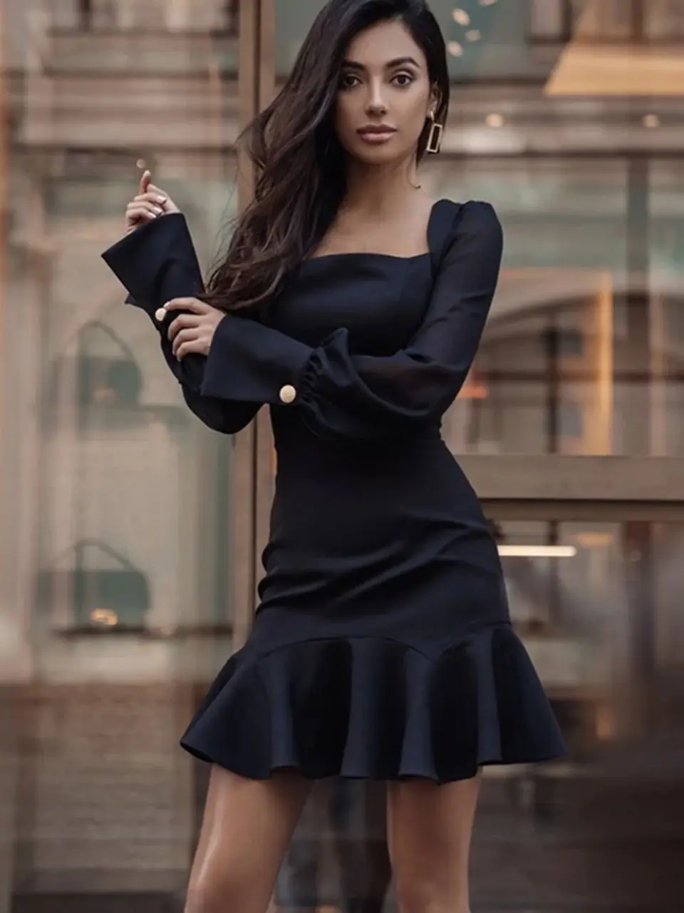 

Women Vintage Ruffled A-line Party Mini Dress Flare Sleeve Square Collar Solid Elegant Casual Prom Dress 2021 Spring New Dress