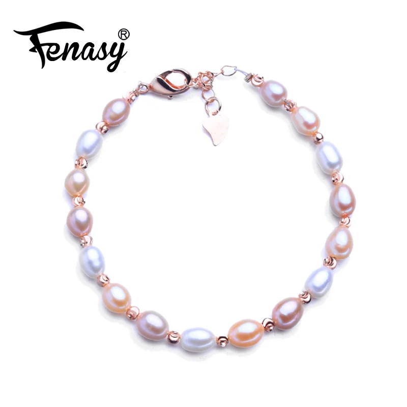 FENASY, белый, розовый, фиолетовый, разноцветный жемчужный браслет, модный браслет, 6 мм, рисовый жемчуг, регулируемый браслет для женщин, идея подарка - Цвет камня: B