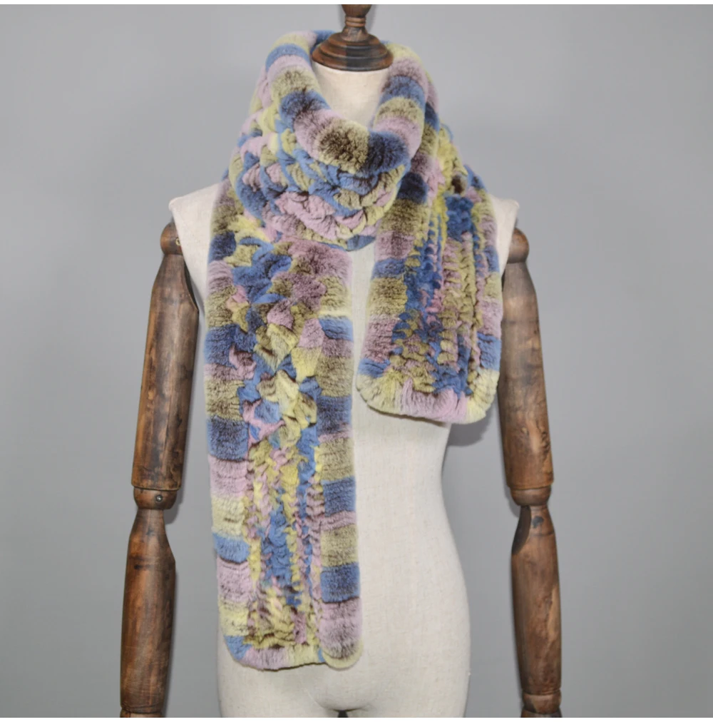 Winter Long Style Women Real Rex Rabbit Fur Scarf Rex Rabbit Fur Warm Soft Ring Scarfs High Quality Knit Rabbit Fur Scarves