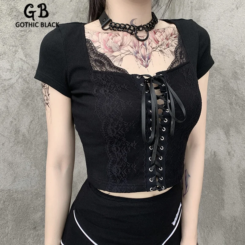 

Gothblack Sexy Streetwear Splice Lace Short Sleeve Crop Top Women Gothic Slim Bow Lace Up Knitt T shirt Female Dark Fashion Tops