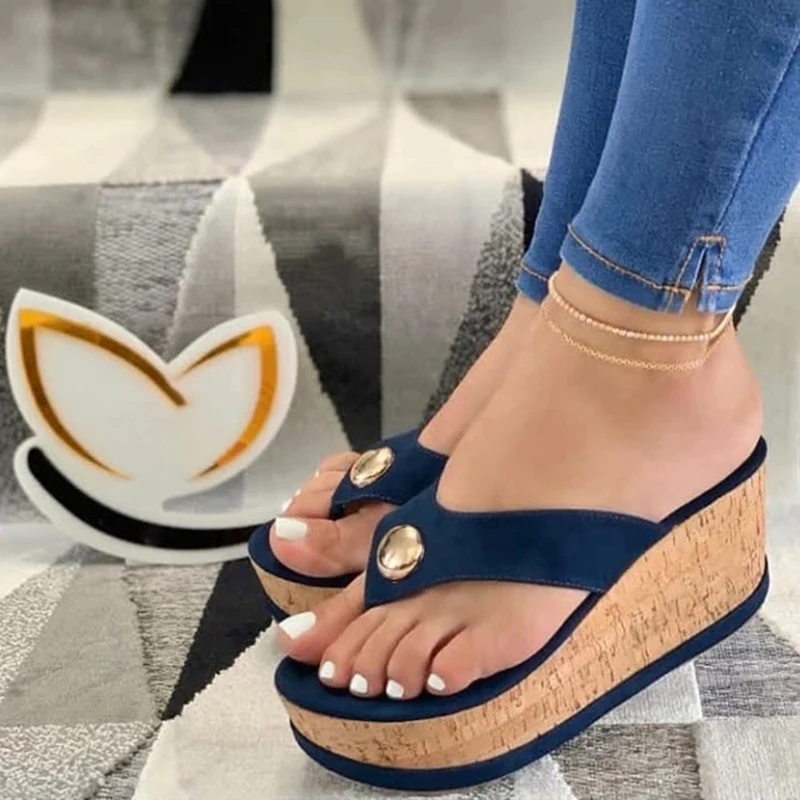 

2021 Oversized Women Summer High Heel Slippers Platform Sandals Ladies Wedges Solid Flip Flops Shoes Girl Outdoor Beach Slippers