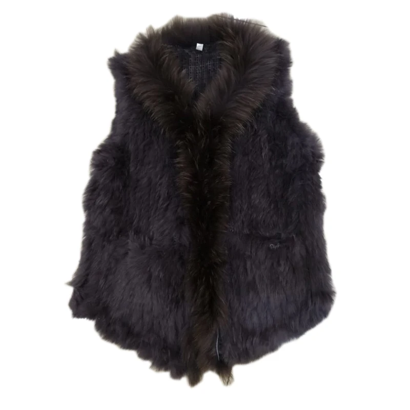 New Hot Sale Women Real Rabbit Fur Vest Knitted High Quality Genuine Rabbit Fur Gilet Real Raccoon Fur Collar V Stle Pocket