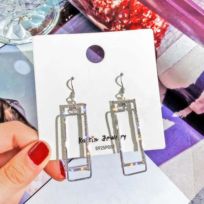 

USTAR Shiny Rhinestone Triangle Square Drop Earrings for women Hollow Geometric Dangle Earrings Party Wedding Jewelry Gifts