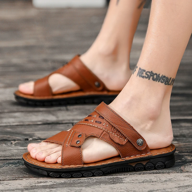 Мужские кожаные шлепанцы пляжные сандалии двойного назначения для вождения лето