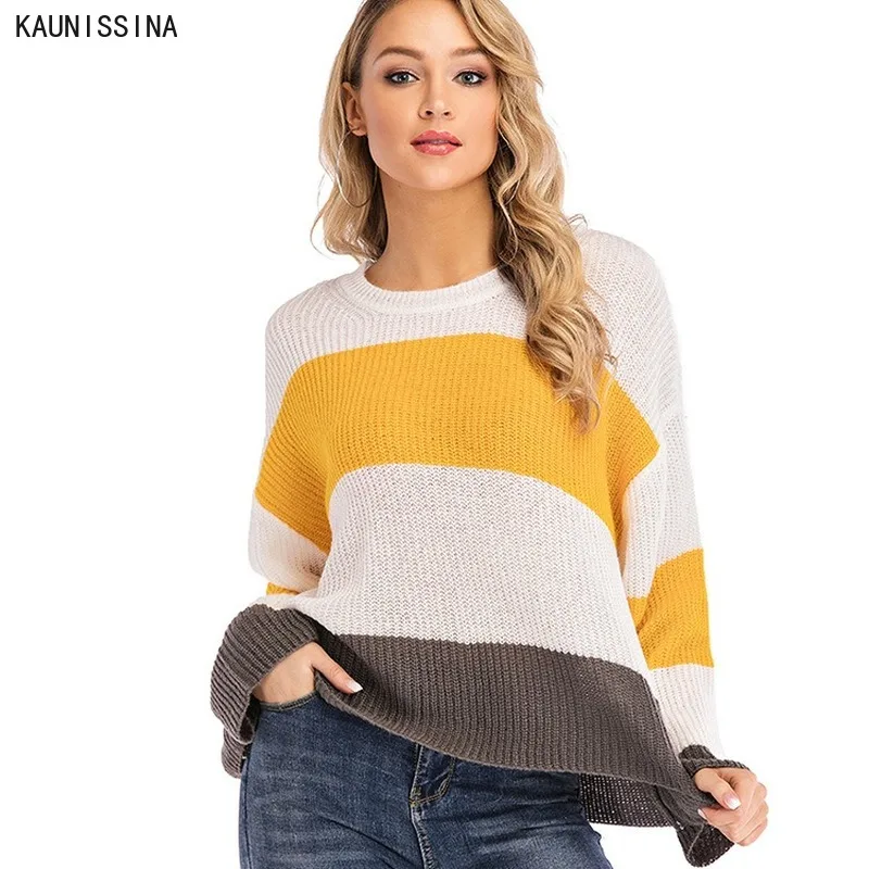 

Женский вязаный пуловер, свободный свитер, джемперы в полоску контрастных цветов, Модный пуловер, вязаная рубашка, весна-осень