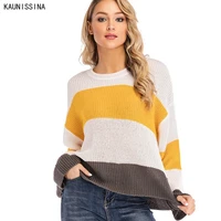 knitted pullover women loose sweater spring autumn jumpers ladies striped contrast color sweater fashion pullover knitting shirt