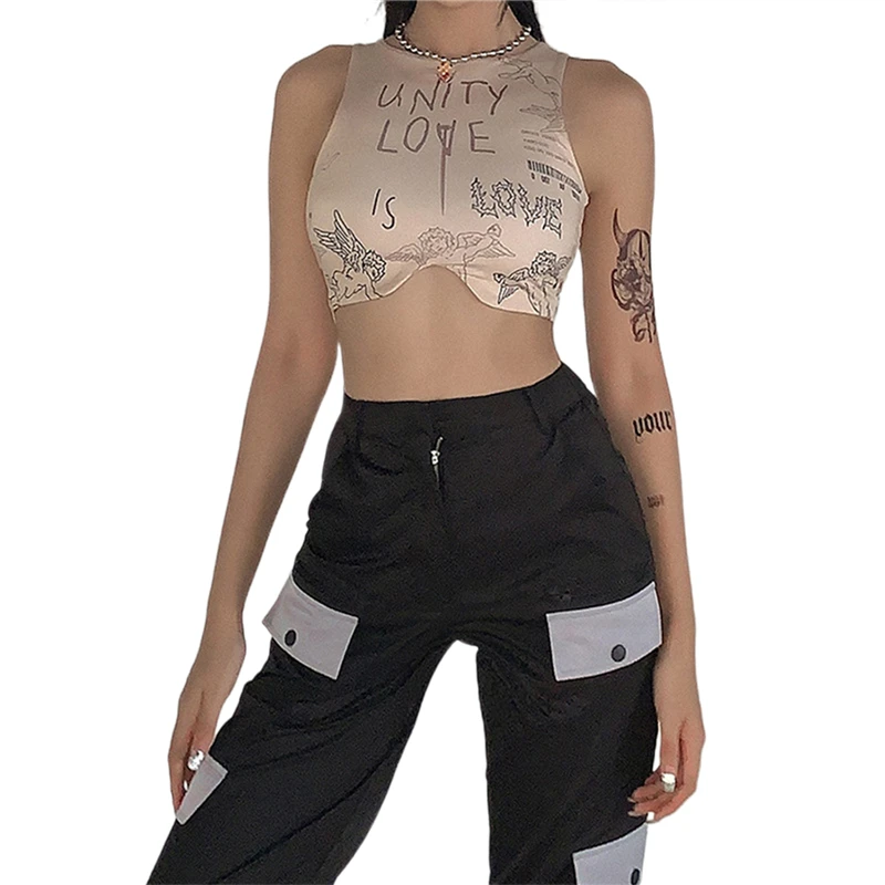 

2021 Fashion Women's Summer New Stylish Letter Print Cropped Top Wrapped Elastic Casual Party Round Neck Tanks Vest Sun-tops