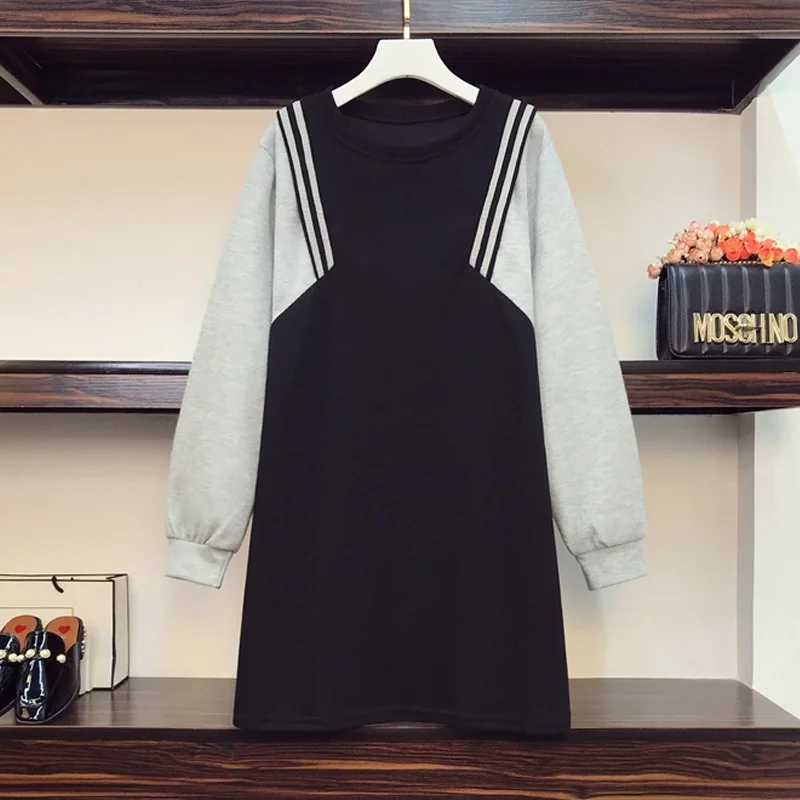 

4XL size women casual sport Sweatshirts dress autumn winter 2021 long sleeve o neck Patchwork Fake two dresses female