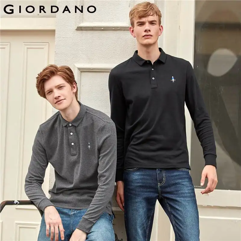 Рубашка поло Giordano мужская с длинным рукавом 100% хлопок вышивкой|Поло| |