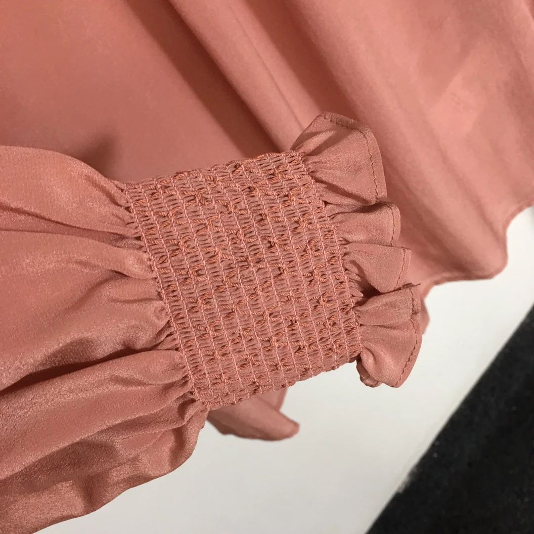 

High Quality Luxury Spring Women Heavy Industry Diamond-studded Pearl Fungus Collar All-match Silk Shirt and Blouses