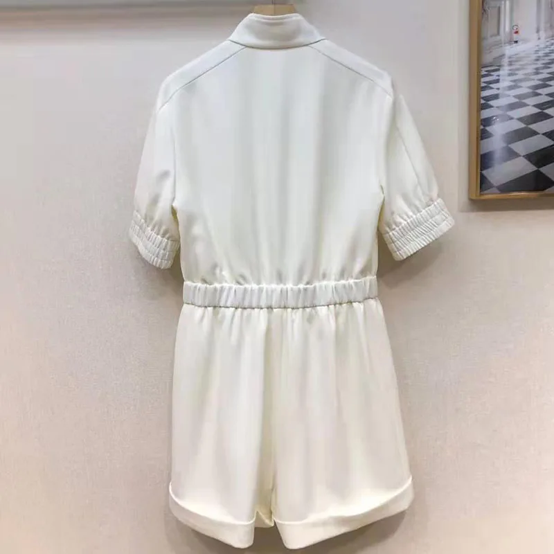 

2021 Summer Woman's Playsuits White Zipper Jumpsuits Solid Cotton Hign Quality Jumpsuits