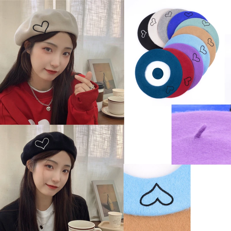 

Winter women's beret hat love embroidery French Artist Warm Wool Winter Beanie Hat Cap autumn and winter ladies warm hat