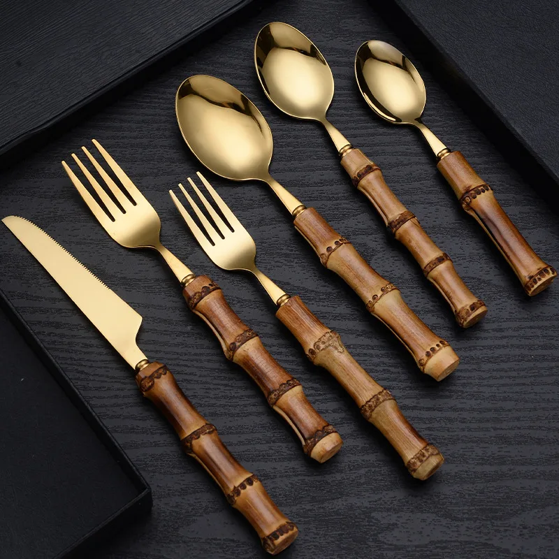 

Stainless Steel Cutlery Bamboo Handle Golden Knife Fork Spoon Dessert Spoon Western Tableware Cutlery Set Kitchen Supplies