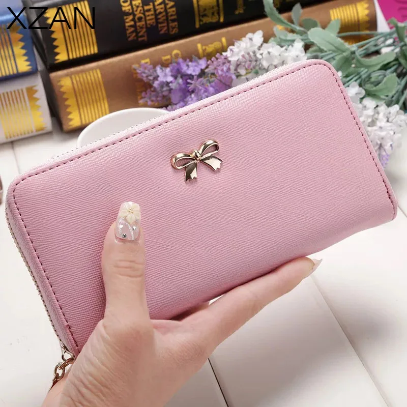 

Women Card Holder Hot Wallet Ladies Cute Bow Long Wallet Pure Color Clutch Bag Brand Design Female Purses Coin Holder