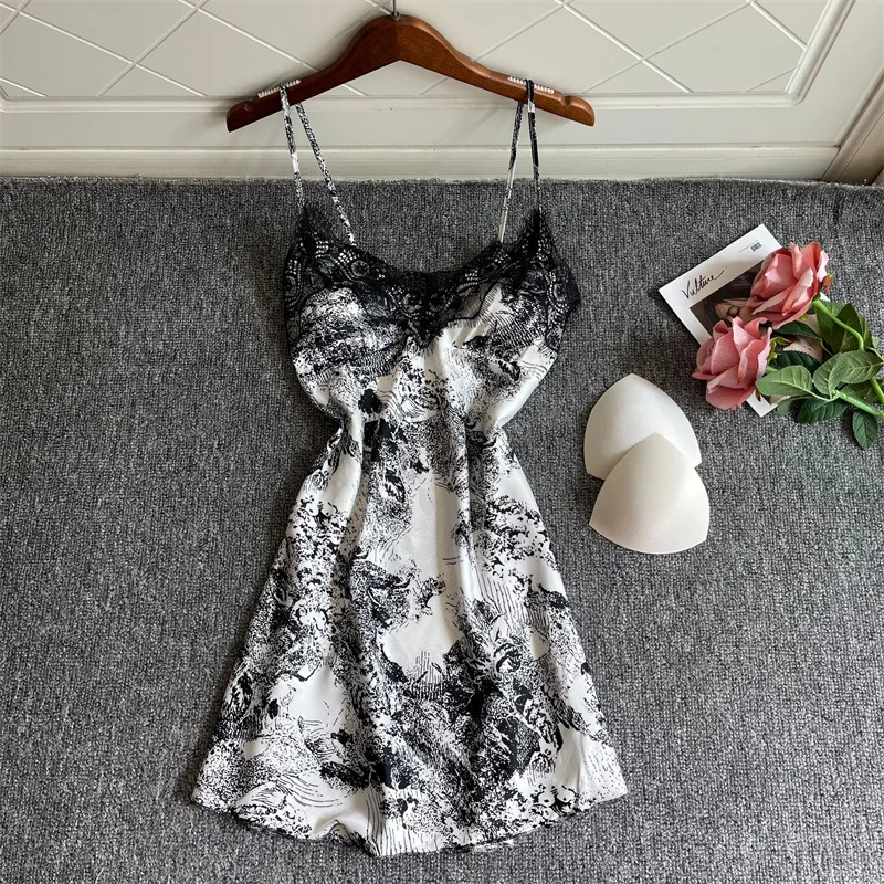 

Casual Nightgown Women Print Flower Sexy Lace Home Clothing Satin Sleepwear Intimate Lingerie Short Homewear Nightdress