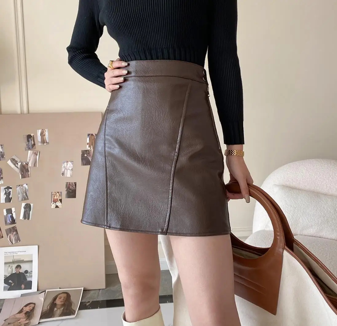 

Casual Mini PU Leather Brown Skirt Women's Basic Black Bodycon 2022 New Fashion Sexy Skirts Empire All-match Chic MB029