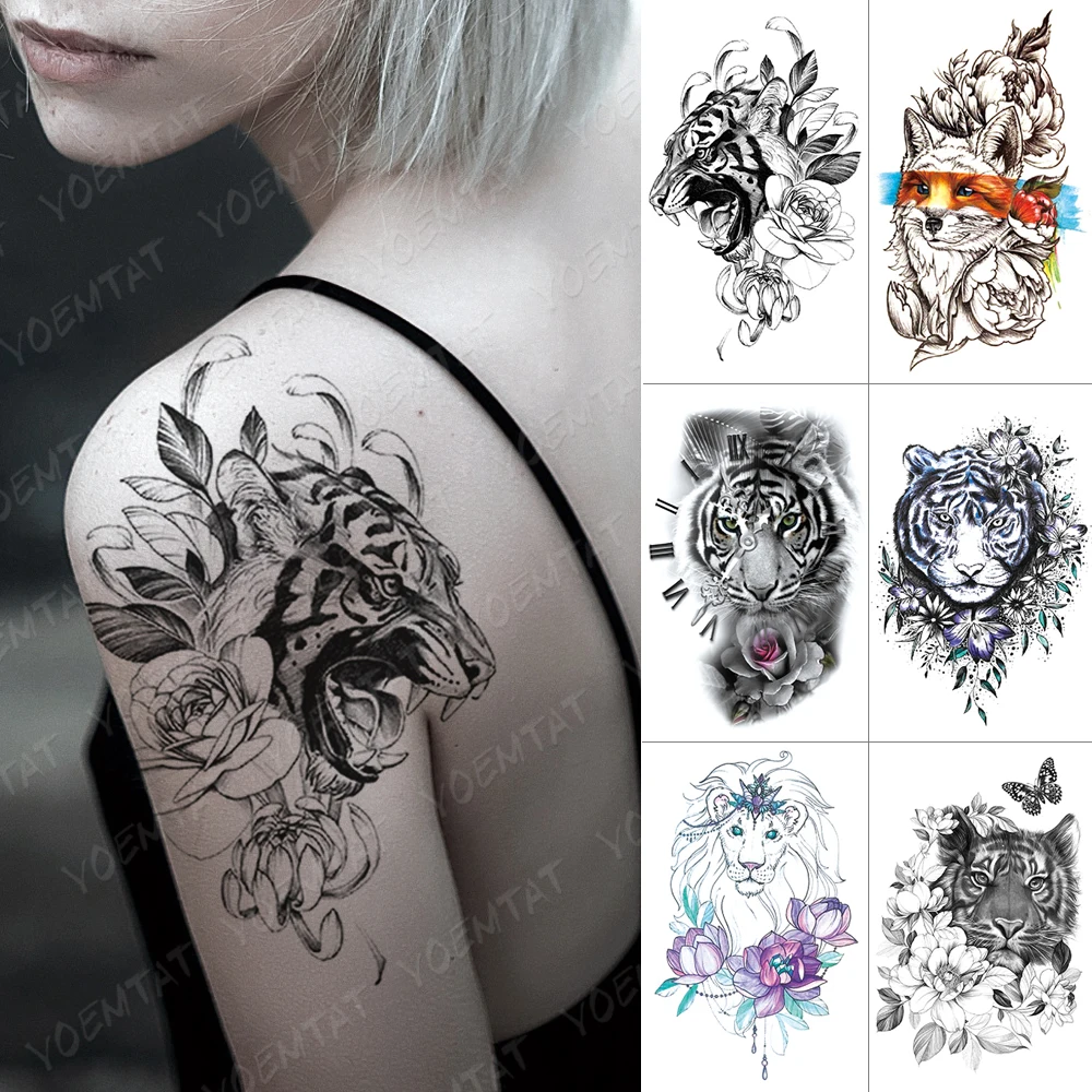 Водостойкая Временная тату наклейка тигр Лев лиса бабочка часы Временные